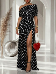 Polka Dot Mesh Slit Maxi Dress AIL 364