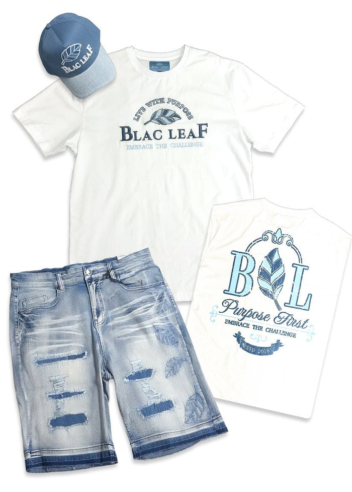 Purpose First White Shirt Denim Shorts and Trucker Hat Bundle
