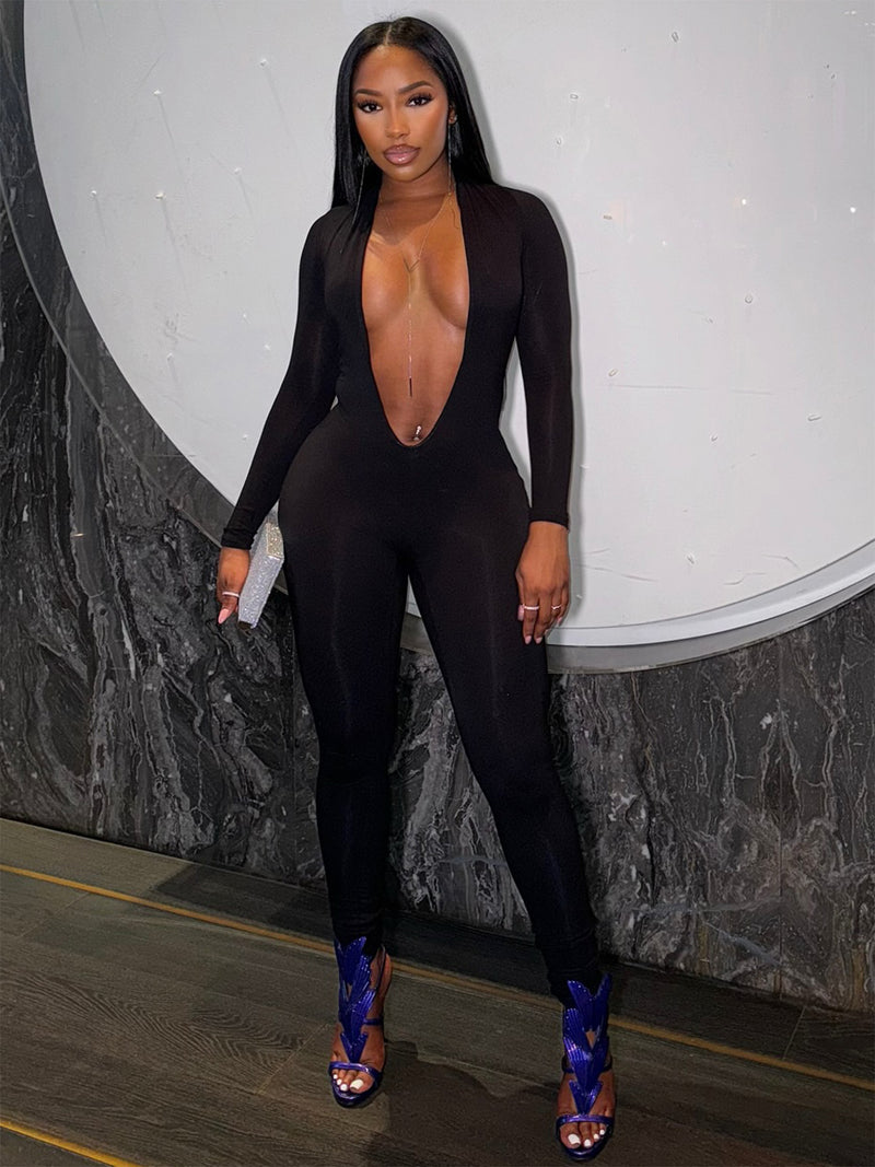 Backless Deep V Neck Long Sleeve Jumpsuit SHD 9599