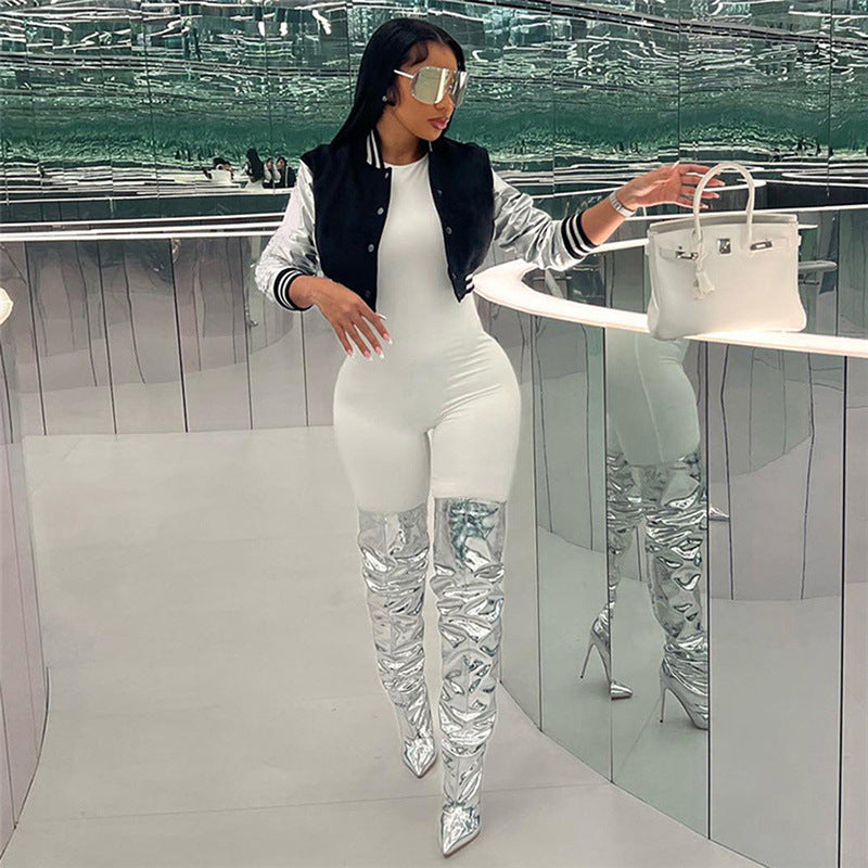 Color Block Short PU Leather Baseball Coat GSZM K23TP377