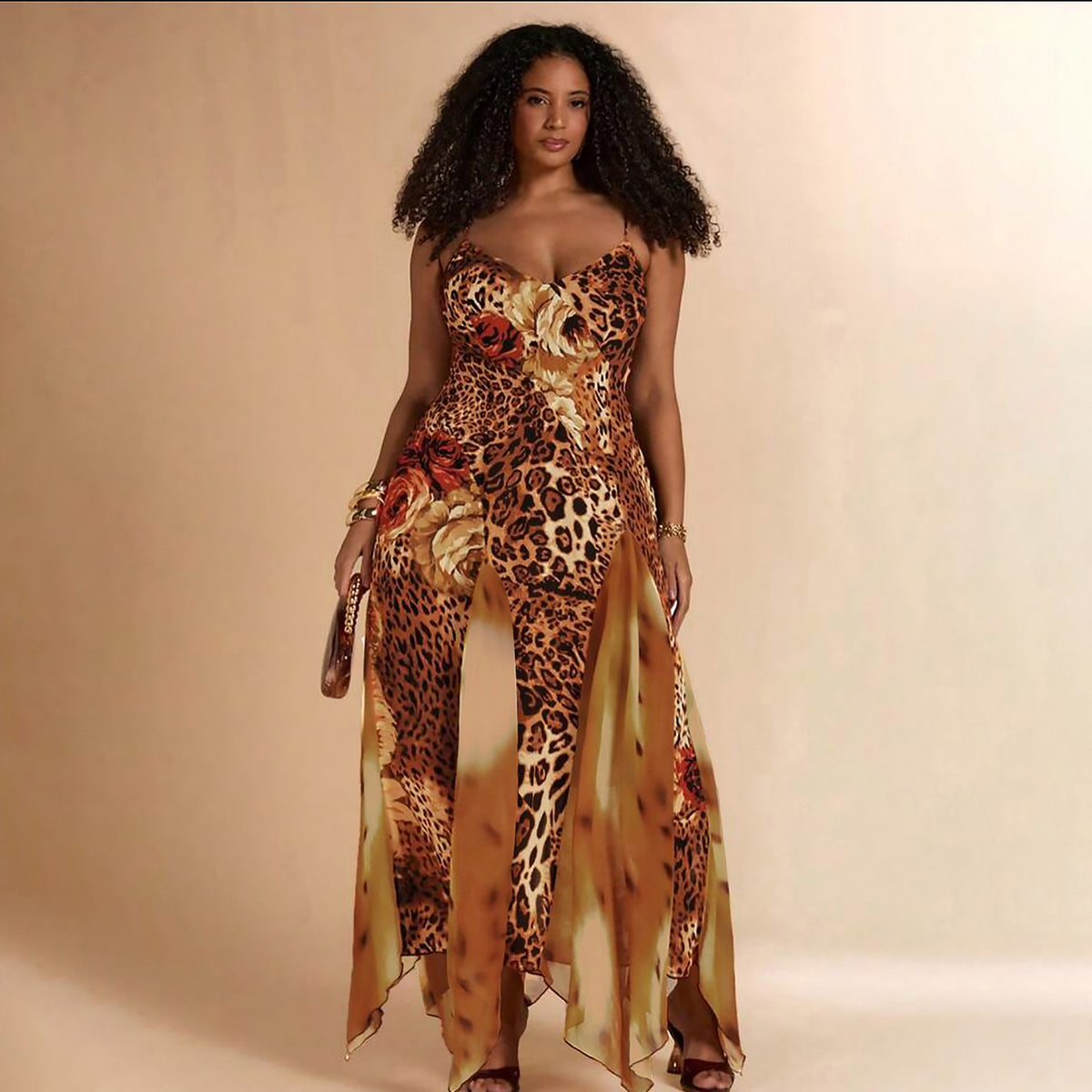 Mesh Patchwork Print Sling Maxi Dress GZJQ K6D07210A