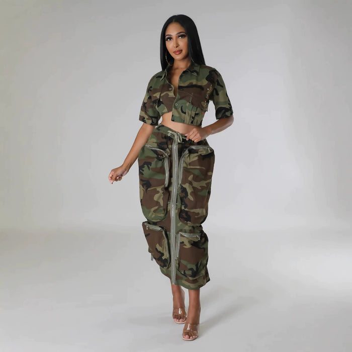 Plus Size Camouflage Print Zipper Long Skirt GHXF HX0297