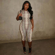 Snake Print Short Sleeve Tight Seventh Jumpsuit GDSF J26JP152
