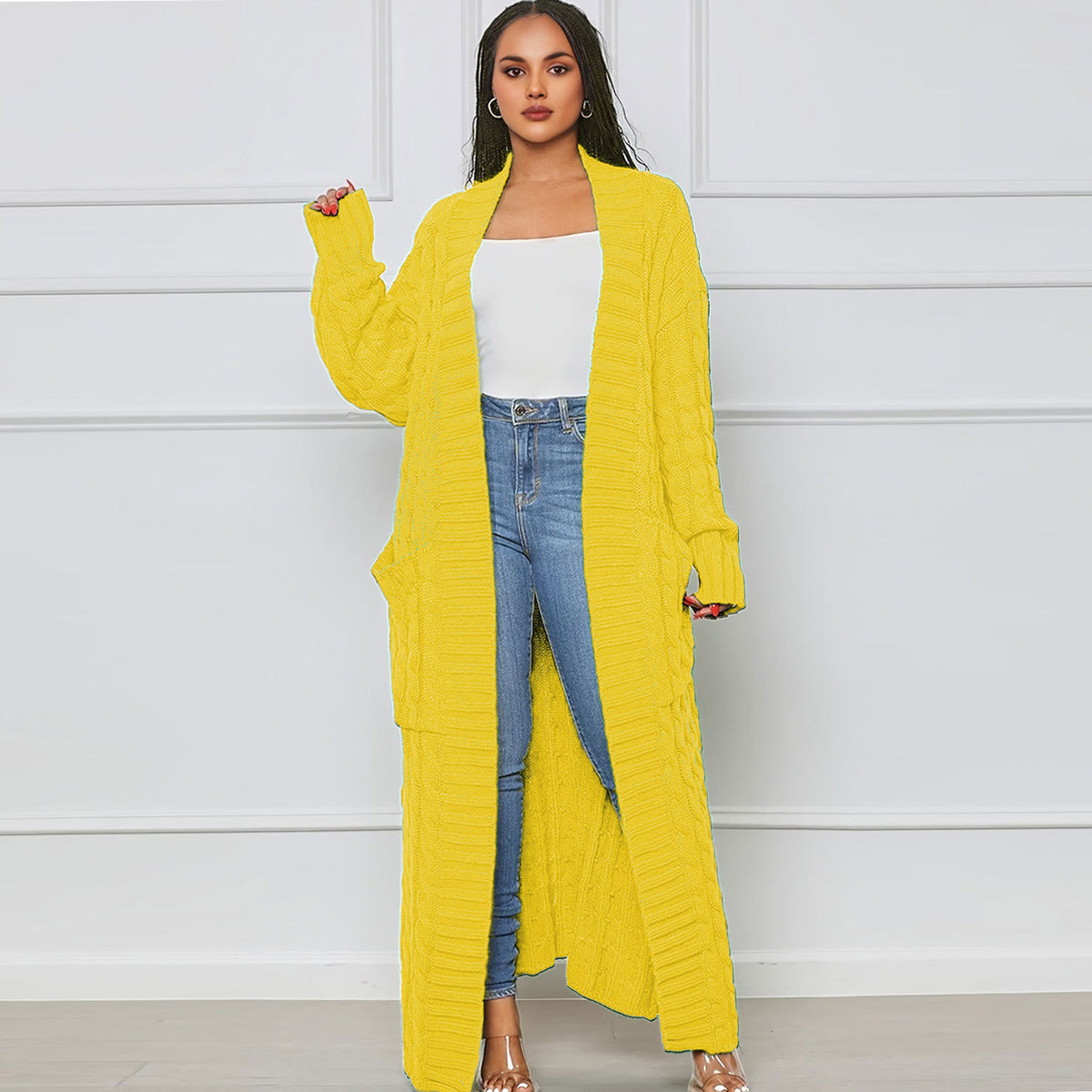 Solid Color Long Twist Sweater Cardigan Coat FSXF F380