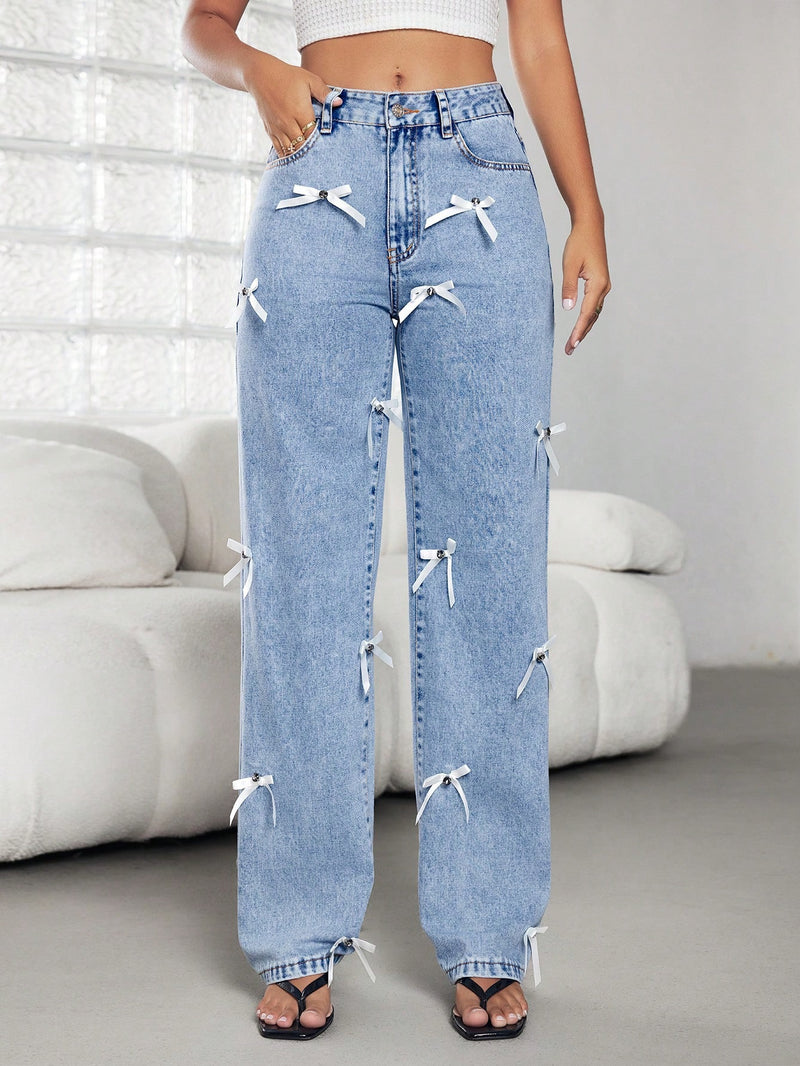 Bow Ribbon Wide Leg Jeans GYXN 16153