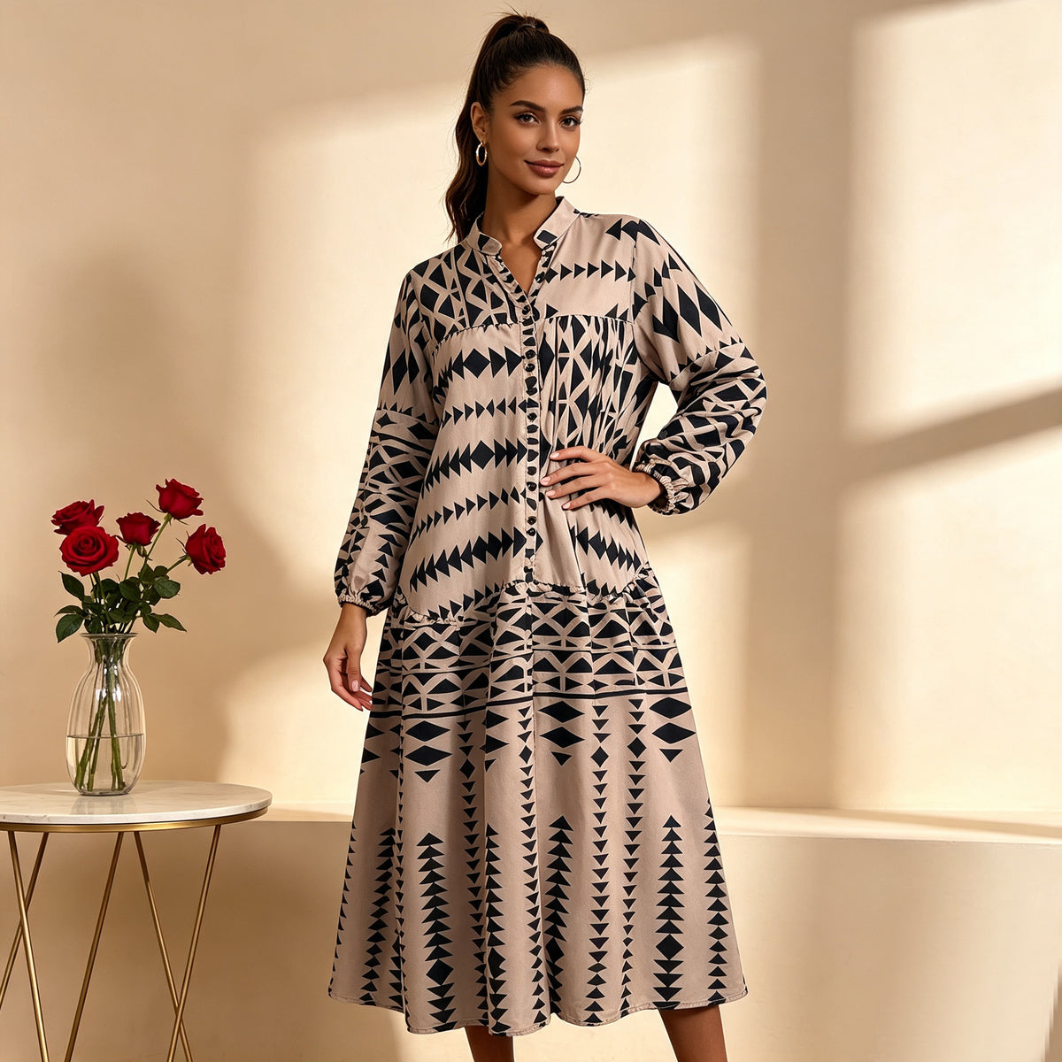Plus Size Print Long Sleeve Maxi Dress QMZF 1877