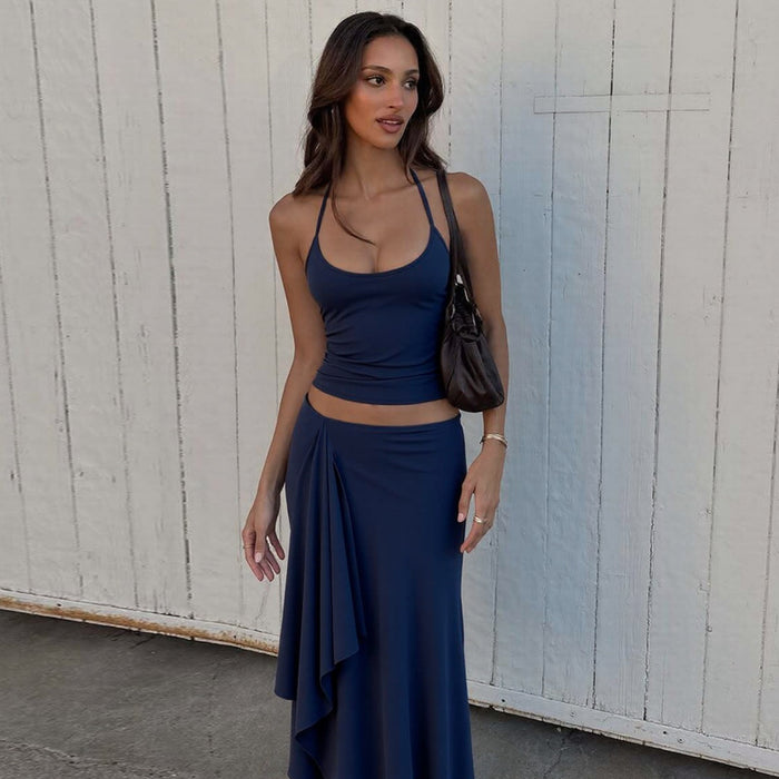 Solid Color Sling Top Irregular Long Skirt 2 Piece Set GLAG S5A20528F