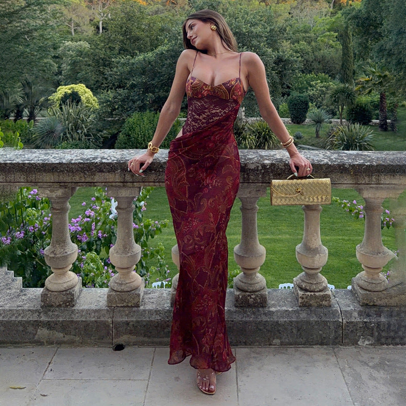 Hollow Out Print Sling Maxi Dress DLSF K6D13768A
