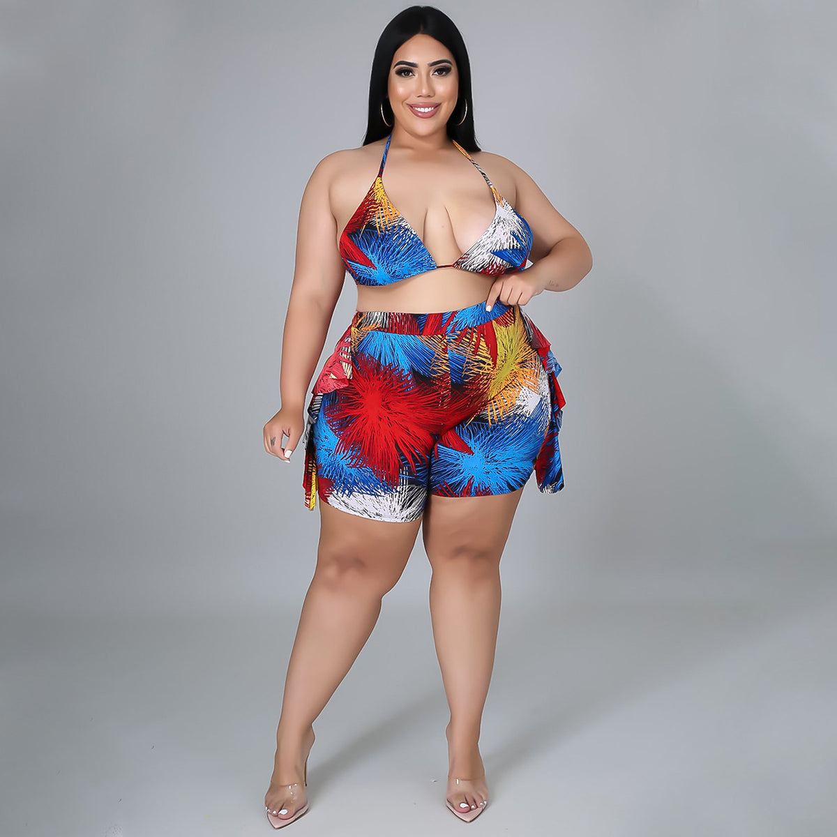 Plus Size Print Tie Up Backless Two Piece Shorts Set QYXZ 9942