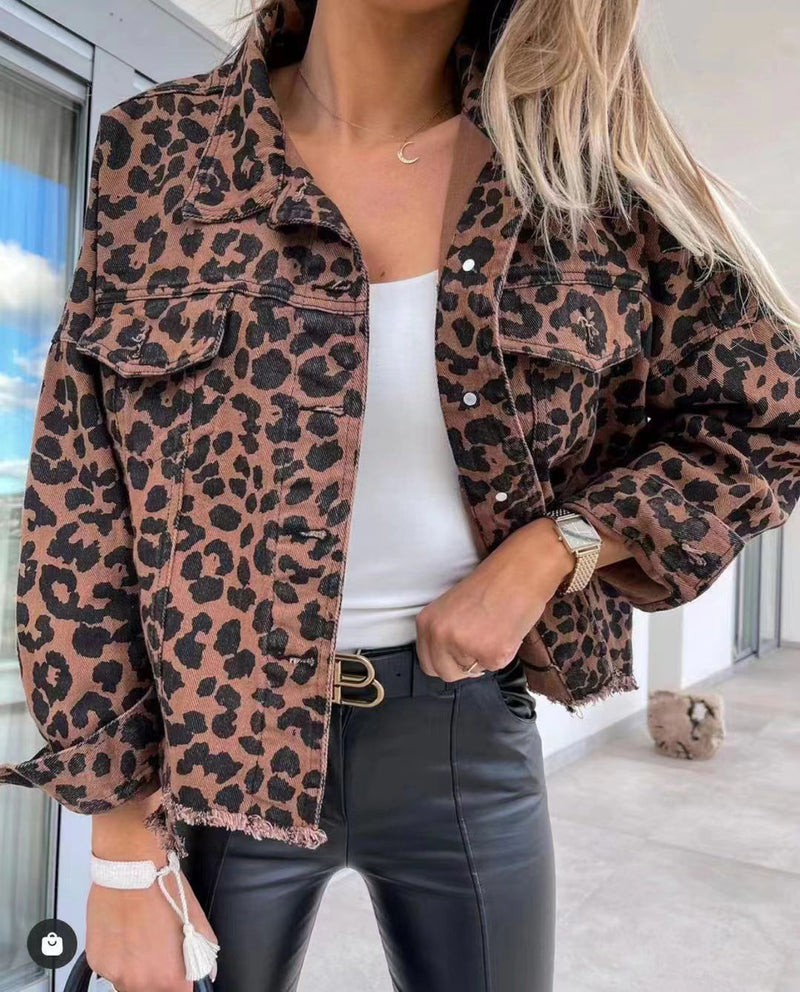 Leopard Print Long Sleeve Denim Coats GSMF ZZP89263