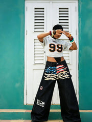 Plus Size Flag Print Wide Leg Jeans GYLN 9092
