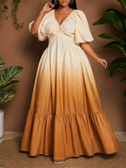 V Neck Puff Sleeve Gradient Color Maxi Dress GYLY 11265