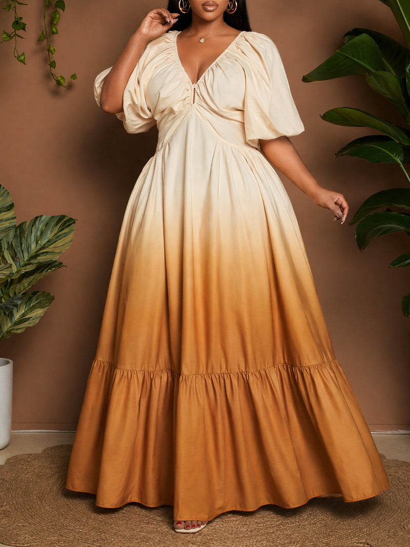 V Neck Puff Sleeve Gradient Color Maxi Dress GYLY 11265
