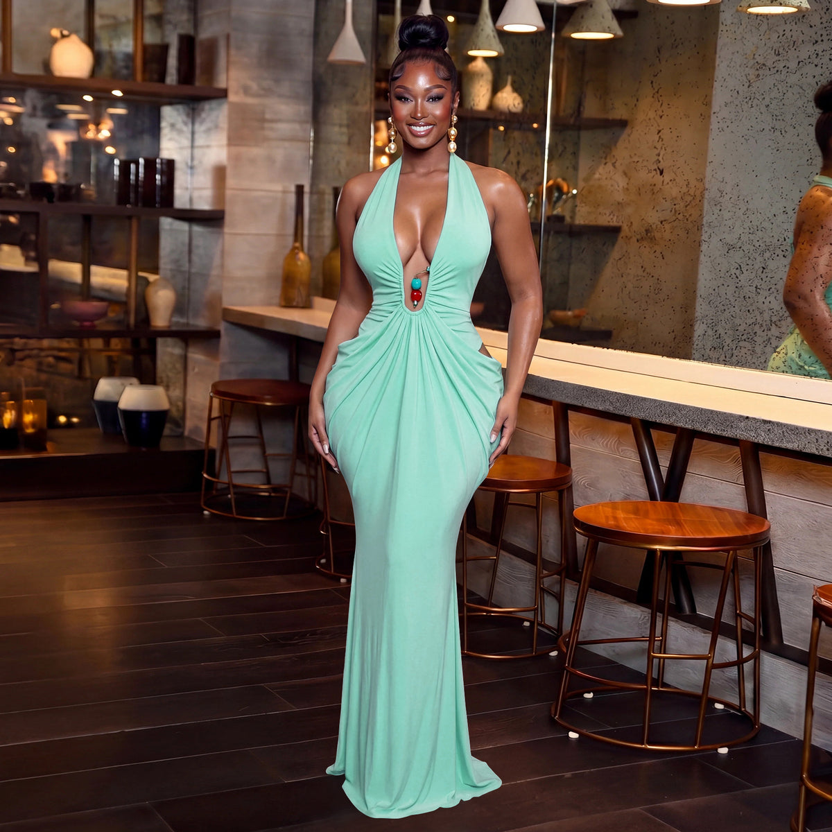 V Neck Halterneck Tie Up Maxi Dress YF 11083