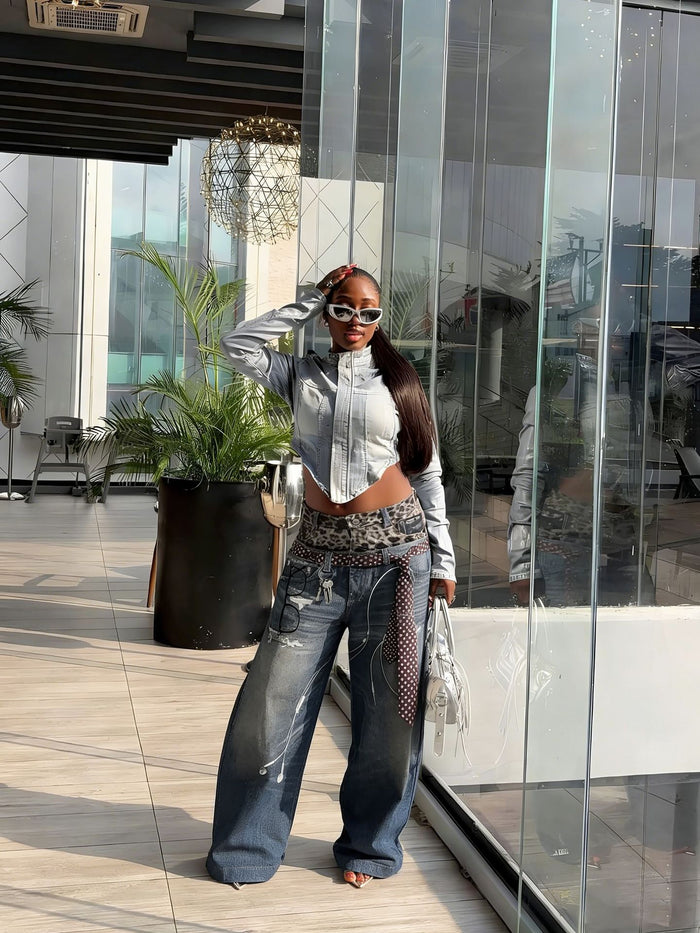 Leopard Print Patchwork Straight Jeans GYLN 4954