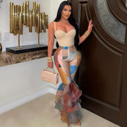 Contrast Color Printed Mesh Ruffle Flared Pants LSD 2115
