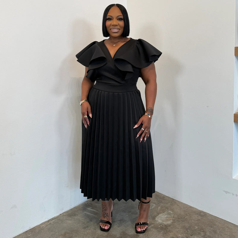 Plus Size Solid Color Ruffles Sleeve Midi Dress NNWF 8169