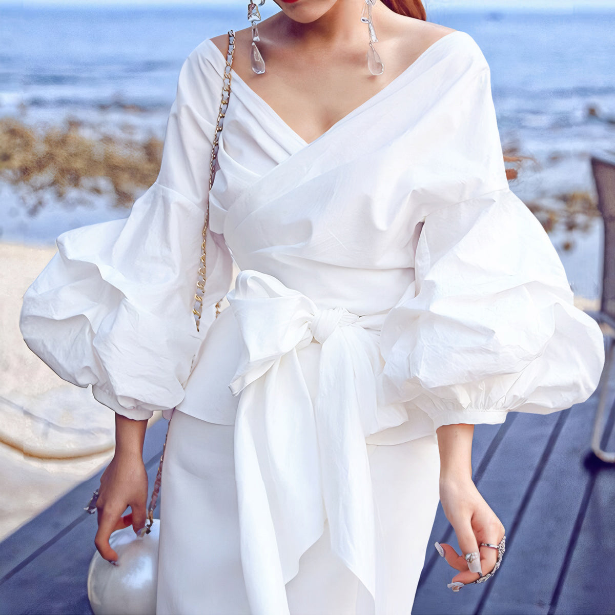 Sexy Tie Up Bubble Sleeve V Neck Blouse GCZF 8620