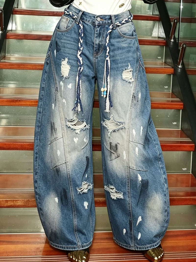 Plus Size Graffiti Holes Loose Jeans GYLN 5005