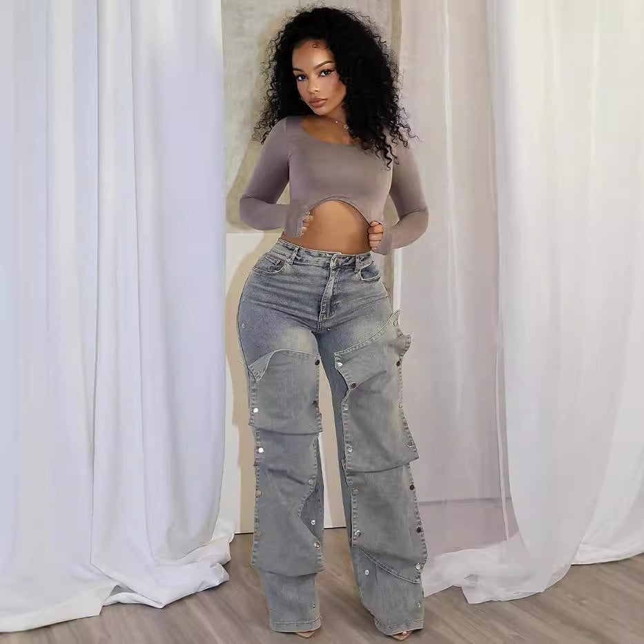 Removable Button Straight Jeans GXHF M81208