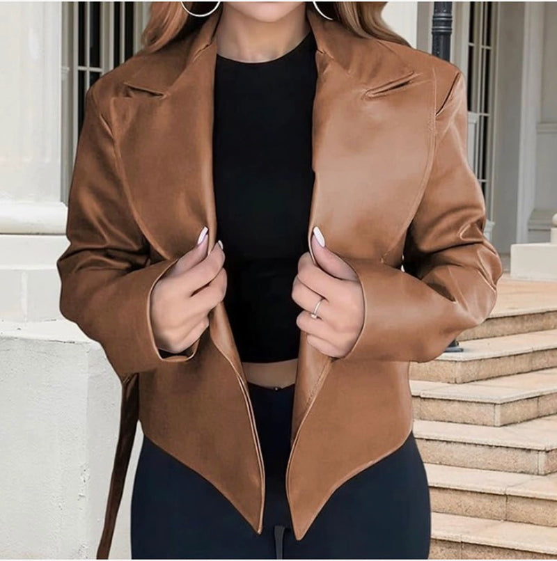 Long Sleeve Tie Up Leather Coat GPBY CT8221