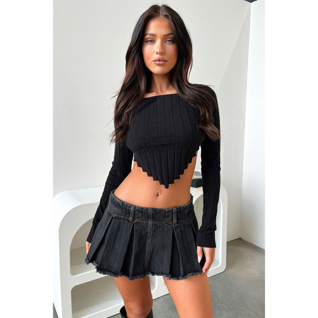 Long Sleeve Knit Irregular Crop Tops ASL 6689