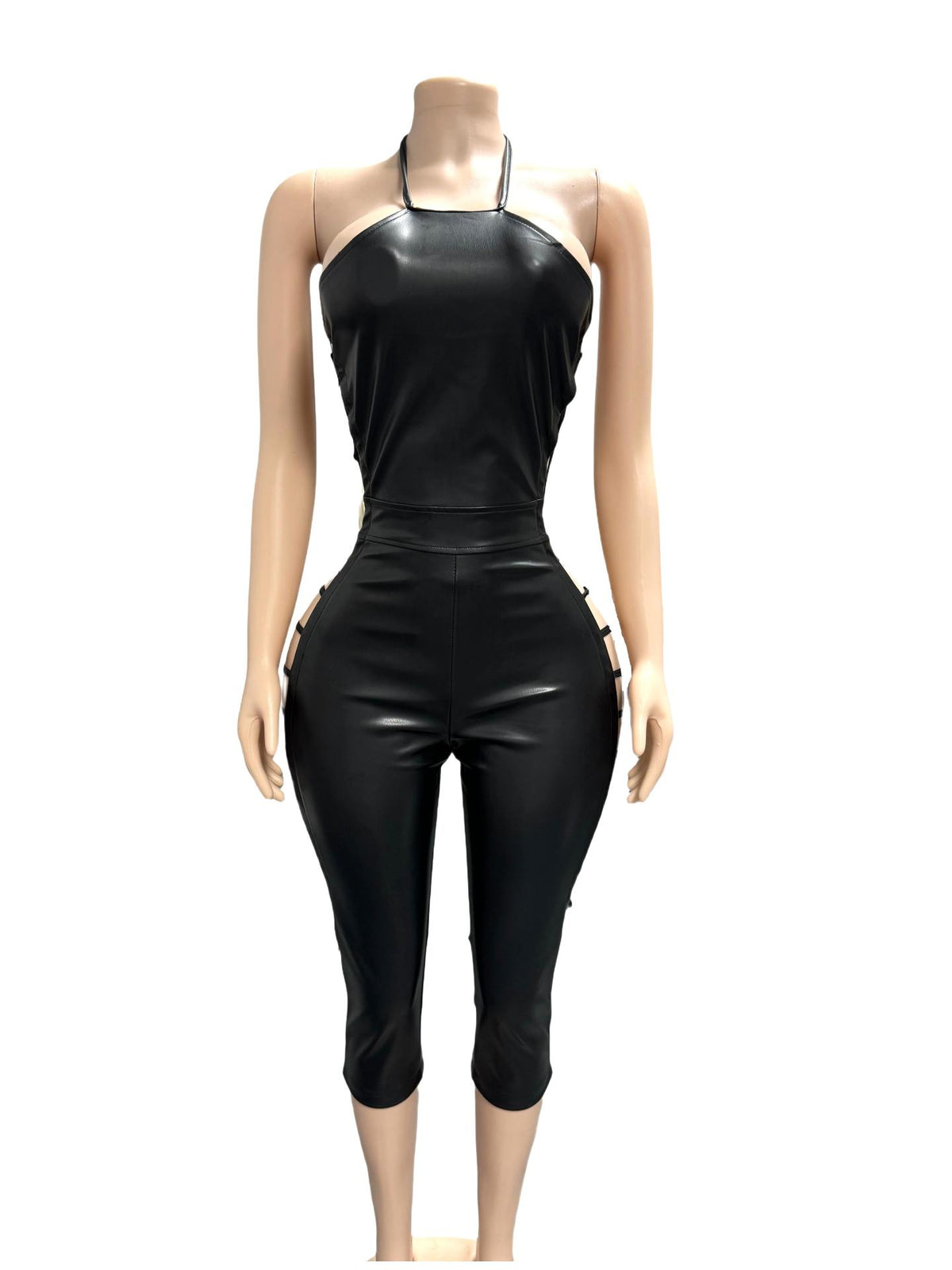 Sexy Backless PU Leather Bandage Jumpsuit Without Headscarf GFCF 1452
