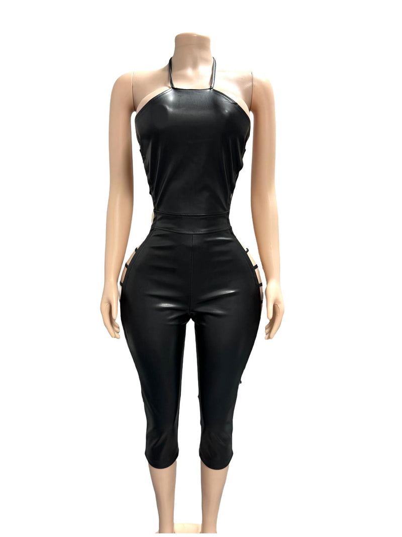 Sexy Backless PU Leather Bandage Jumpsuit Without Headscarf GFCF 1452
