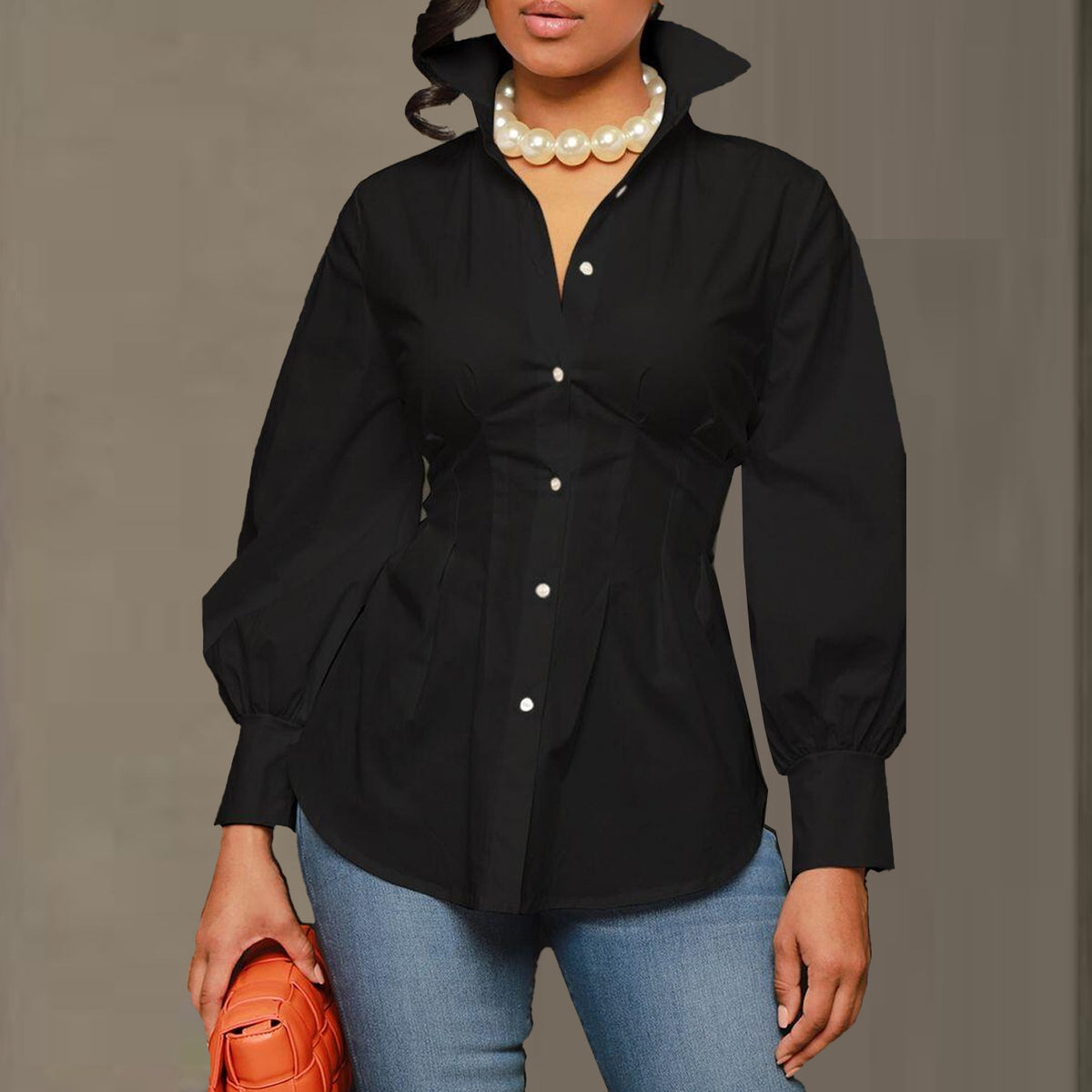 Plus Size Solid Color Long Sleeve Lapel Shirt NY 10350