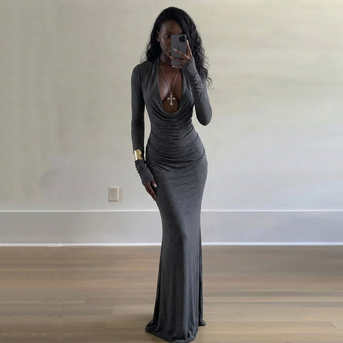 Deep V Neck Long Sleeve Maxi Dress GPKJ MR51011