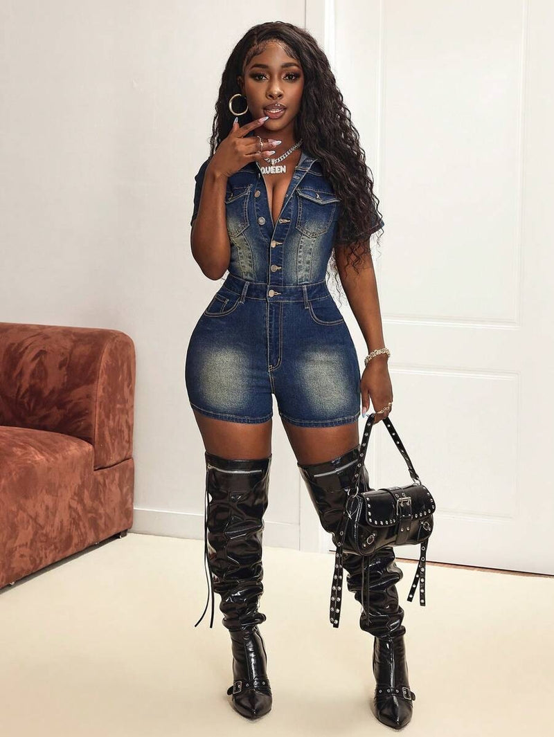 Short Sleeve Lapel Denim Romper LX 6059
