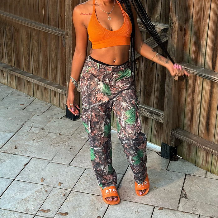 Leaf Print Straight Leg High Waisted Work Pants GSMJ S6970