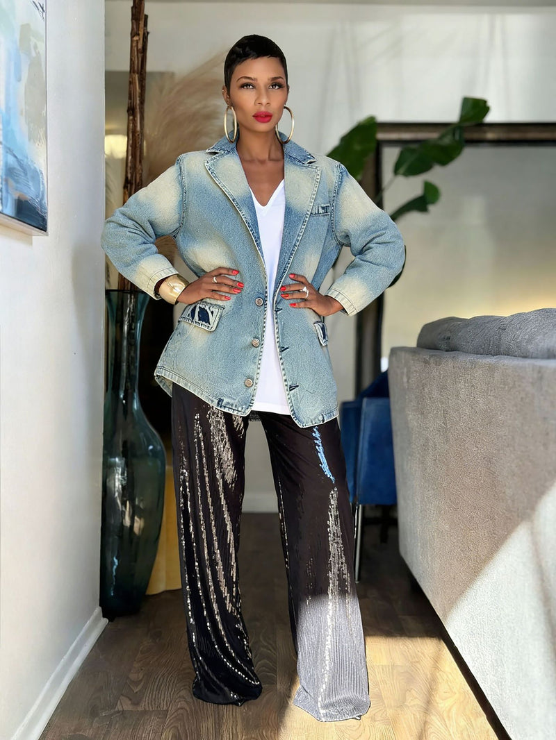 Plus Size Vintage Washed Denim Blazer Jacket GYLN 8925