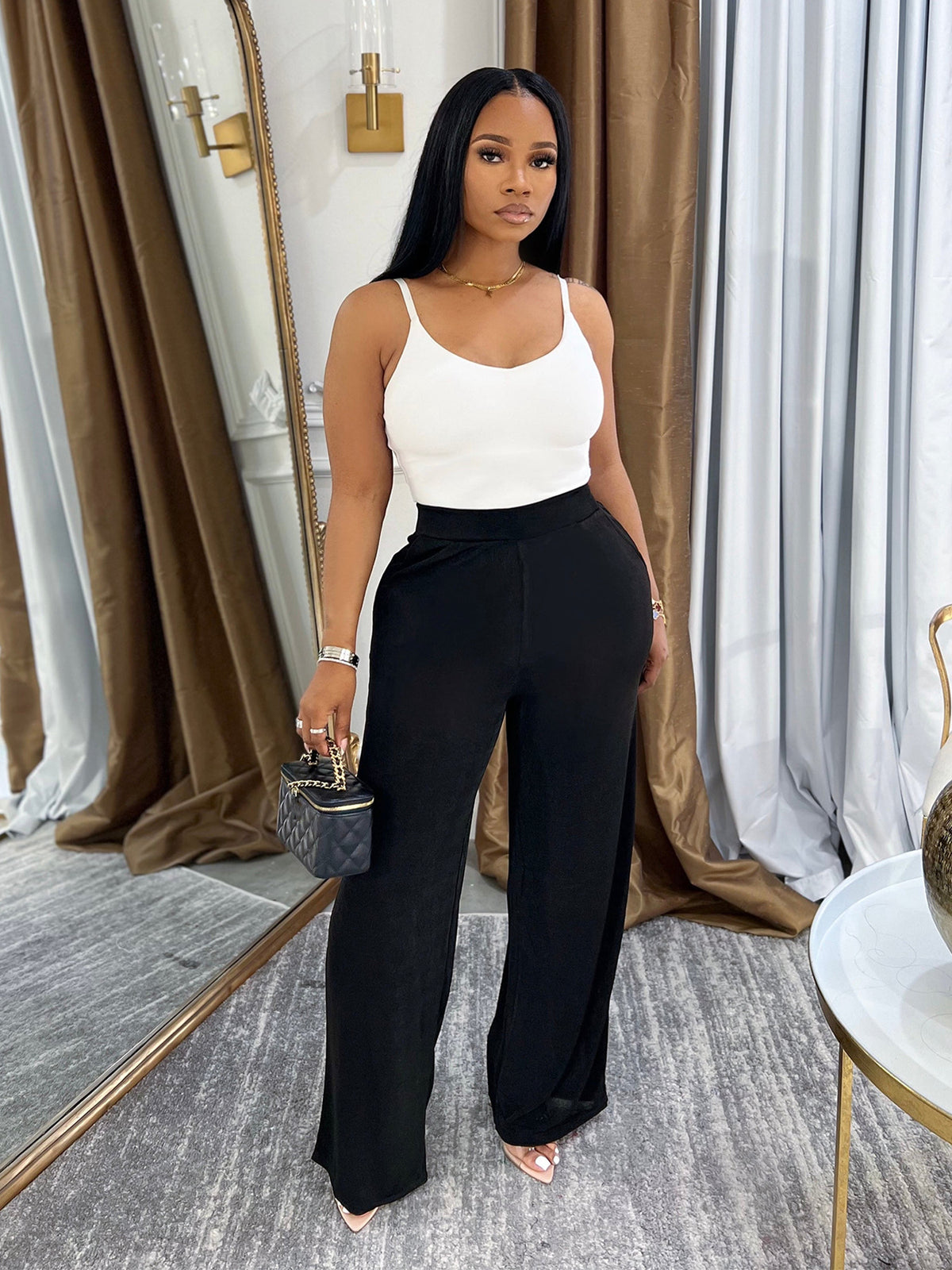 Loose Glossy High waisted Wide leg Pants SFY 694