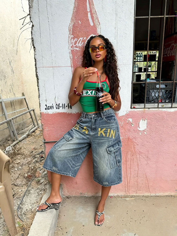 Letter Printed Loose Seventh Jeans GYLN 3023
