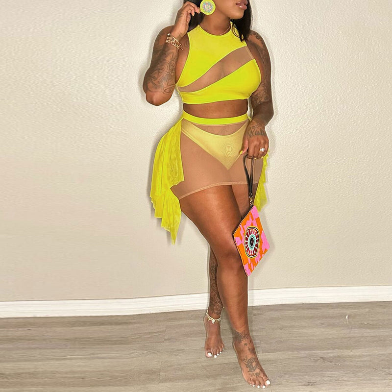 Plus Size Solid Mesh Patchwork Bikinis 3 Piece Swimsuit NY 2787