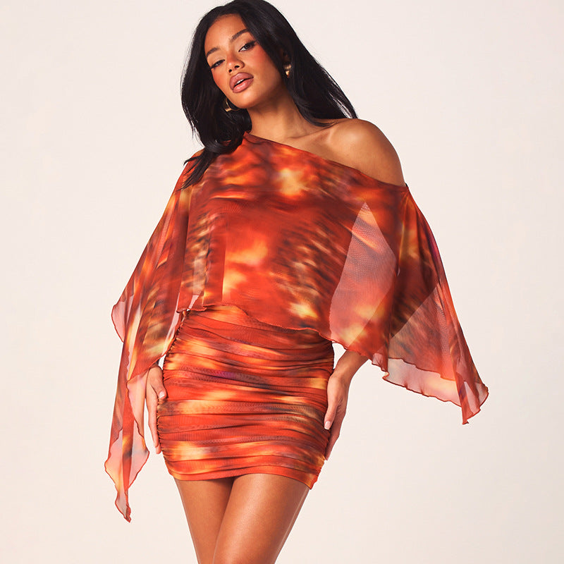 Print Slash Shoulder Ruched Mini Dress GDSF Q26DS032