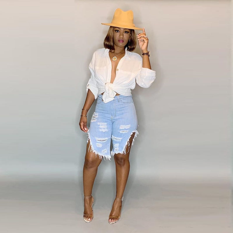Denim Ripped Holes Half Length Jeans Pants LSD 8675