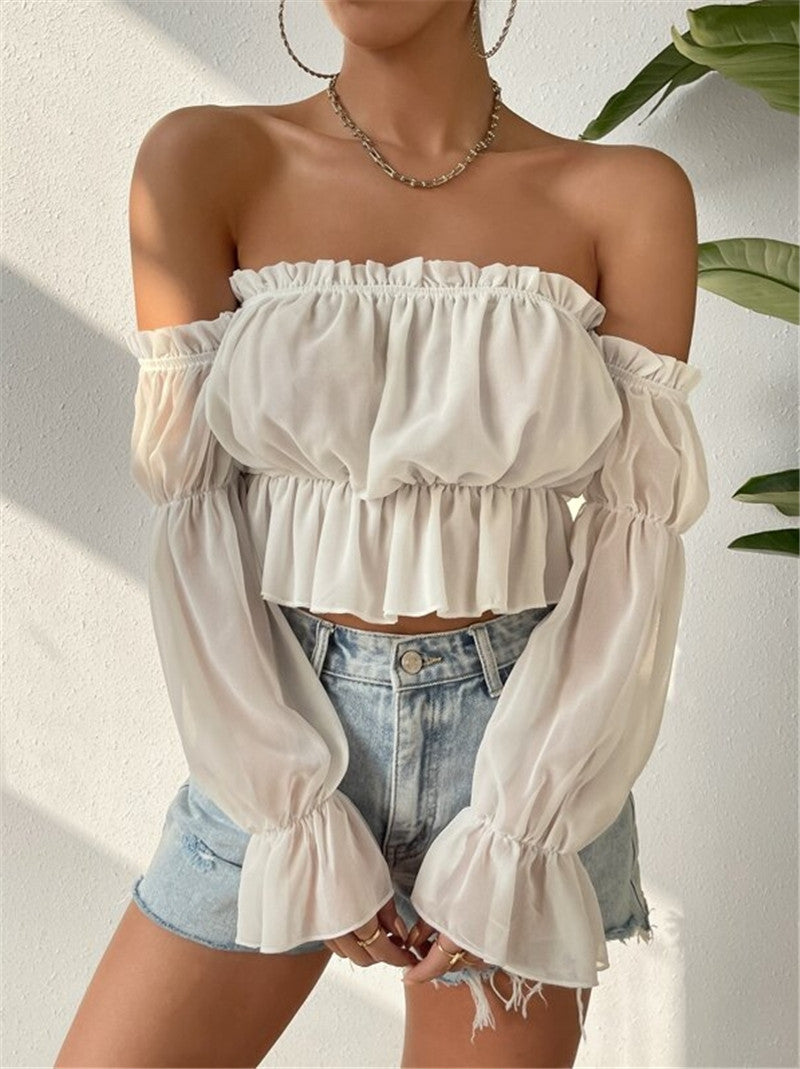 Off Shoulder Ruffles Chiffon Gathered Blouse GZYF 1012