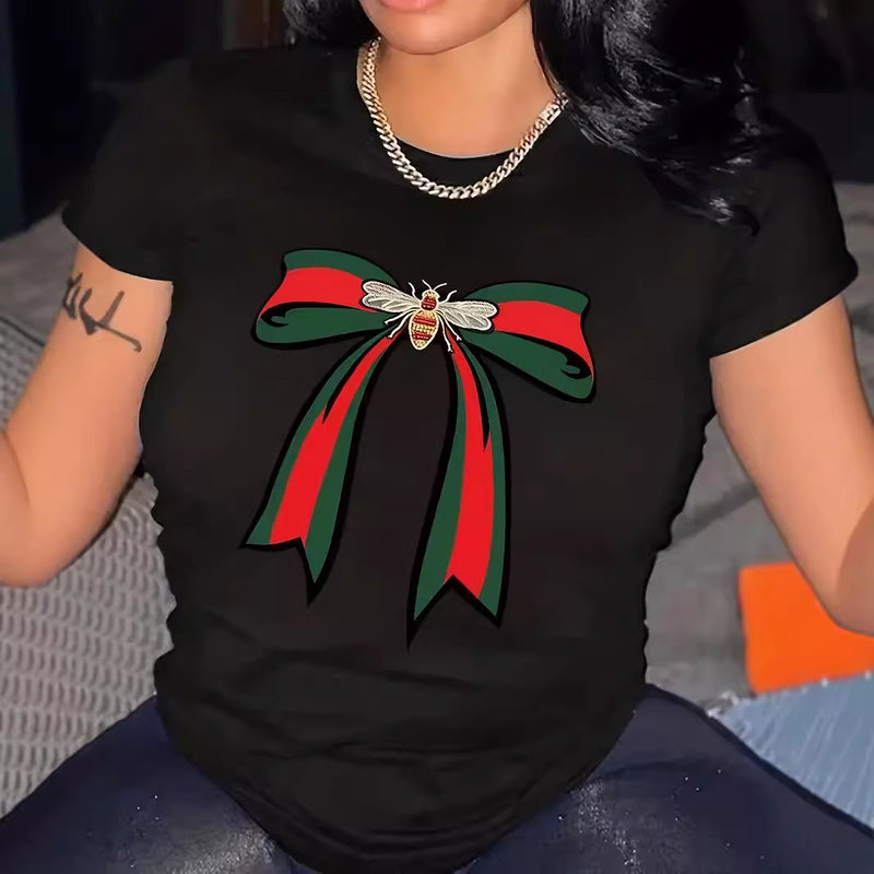 Plus Size Bow Print Short Sleeve T Shirt YIM YMT001