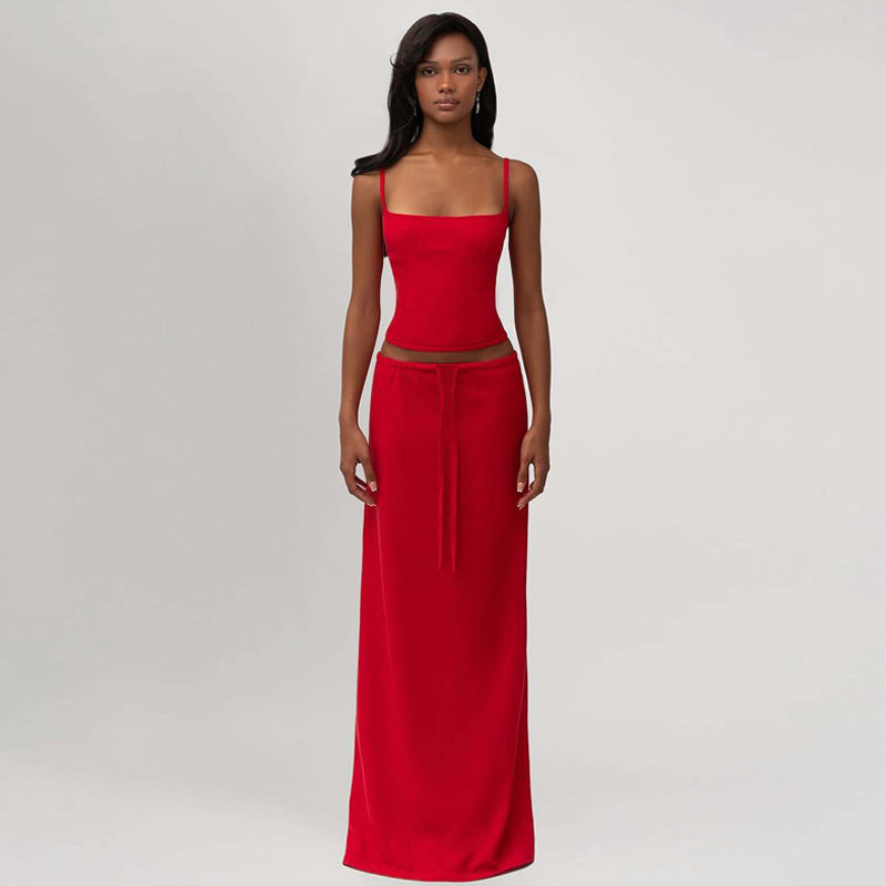 Solid Color Sling Top Two Piece Skirt Set GLAG S5A20420F