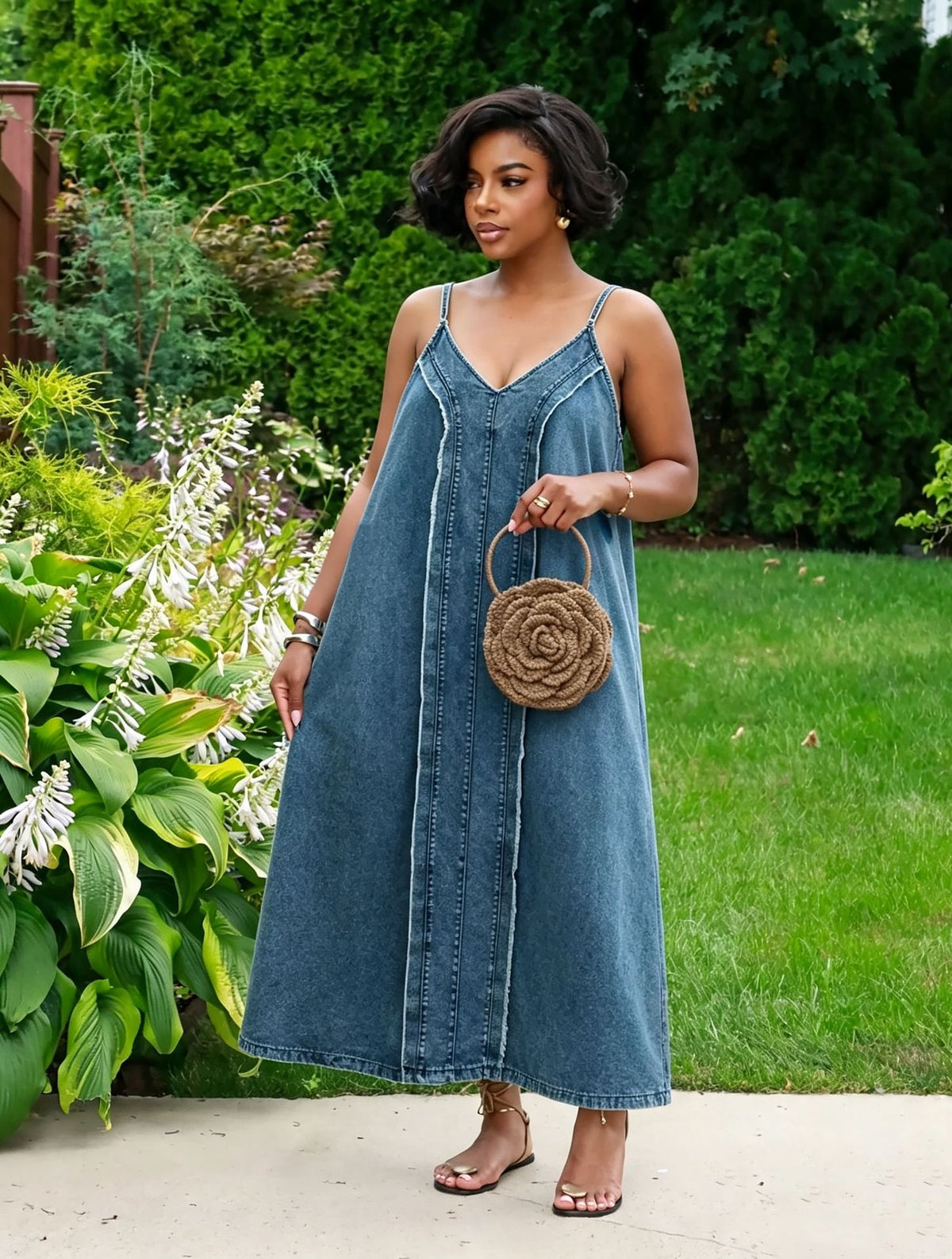 Plus Size Raw Edge Sling Denim Long Dress GYLN 6290