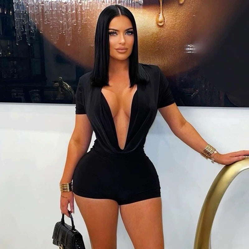 Deep V Neck Shorts Sleeve Romper GDSF D25RP581