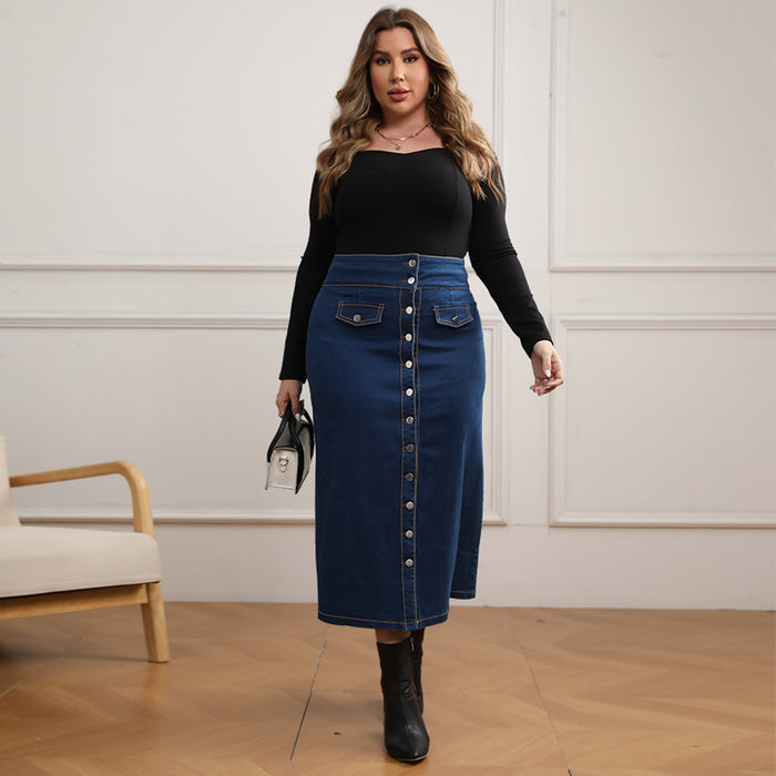 Plus Size Button Fake Pocket Denim Skirt GDAM 048