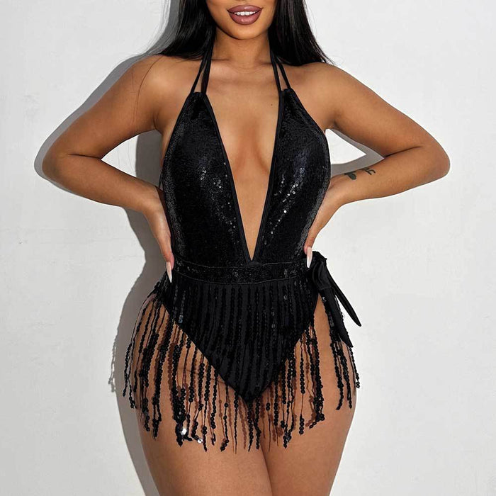 Deep V Neck Tassel Halter One Piece Swimsuit DYSC DY23A1025YYB103013