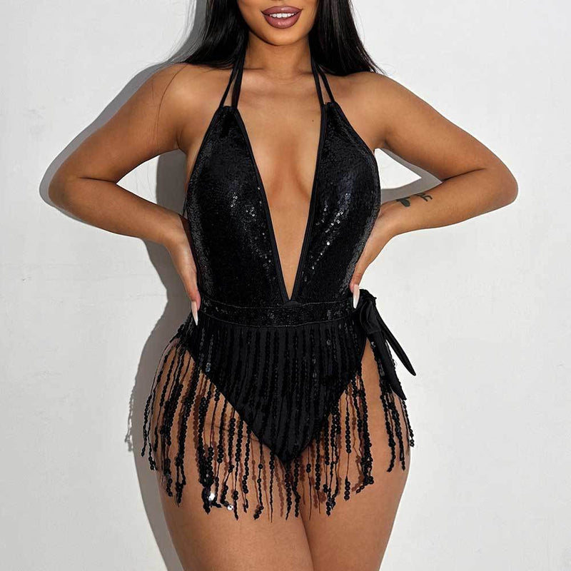 Deep V Neck Tassel Halter One Piece Swimsuit DYSC DY23A1025YYB103013