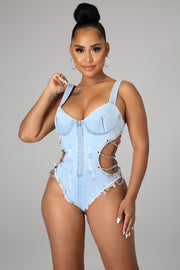 Denim Chain Hollow Out One Piece Swimsuit LA 3281