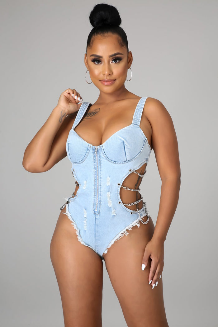 Denim Chain Hollow Out One Piece Swimsuit LA 3281