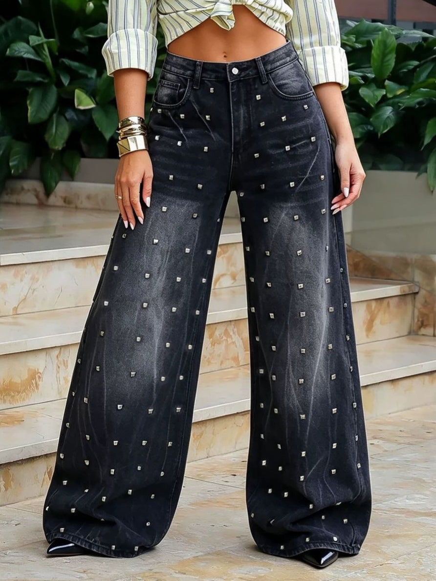 Plus Size Riveted Washed Straight Jeans GYLN 0690