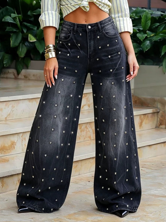 Plus Size Riveted Washed Straight Jeans GYLN 0690